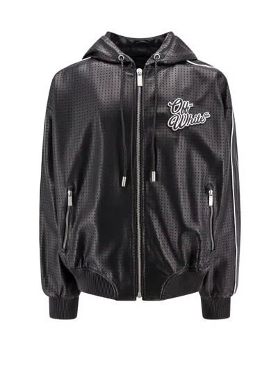 Off-white Perforated Leather Jacket With Frontal Logo Patch In Black