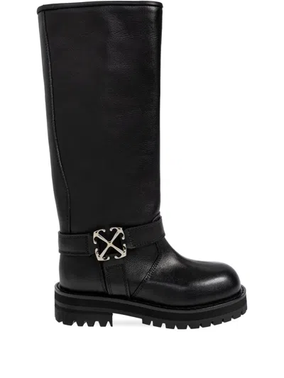 OFF-WHITE LOGO-PLAQUE ROUND-TOE BIKER BOOTS