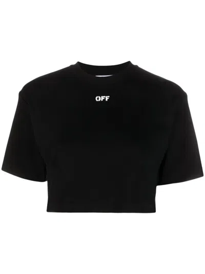 Off-white Logo-print Cropped Cotton T-shirt In Black White