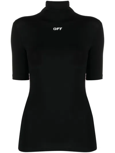 Off-white High-necked Stretch Viscose T-shirt With White Front Printed Logo In Black