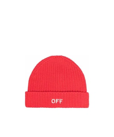 Off-white Logo-print Ribbed Beanie In Red