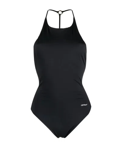 Off-white Logo-print Ring-detail Swimsuit In Blue