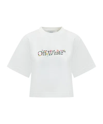 Off-white Floral Graphic Cropped Crew Neck Top In White