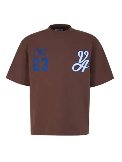 Off-white Logo Printed Crewneck T-shirt In Brown/blue