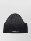 Off-white Logo Ribbed Texture Fold-over Cuff Hat In Black