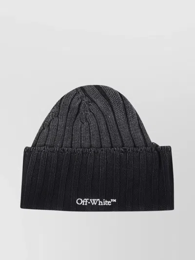 Off-white Logo Ribbed Texture Fold-over Cuff Hat In Black