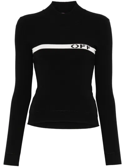 Off-white Logo-stripe Mock-neck Top In Black - Wh