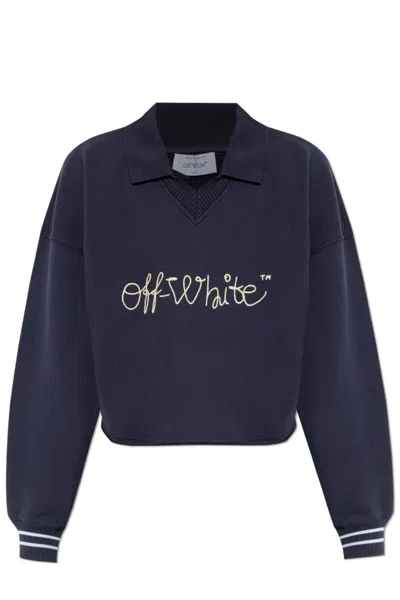 Off-white Embroidered Script Logo Crop Polo Sweater In Multi