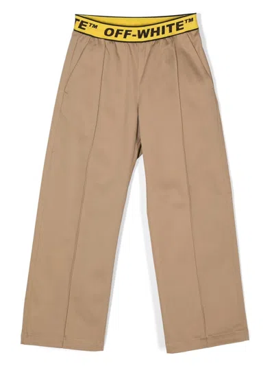 Off-white Kids' Logo Cotton-blend Chino Pants In Brown