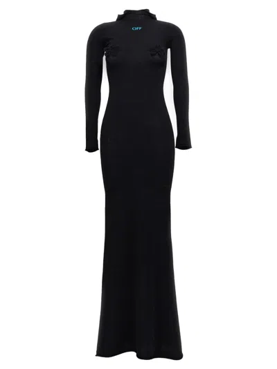 OFF-WHITE LONG HOODED DRESS WITH FLORAL APPLIQUÉS