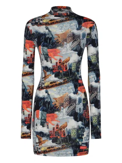 Off-white Long-sleeve Printed Mini Dress In Multi