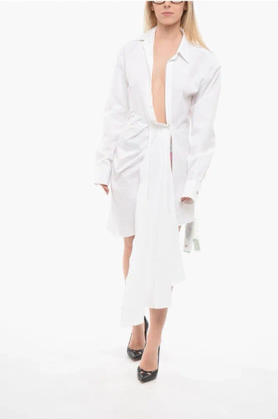 Off-white Long Sleeved Bow Shirt Dress With Draping In White