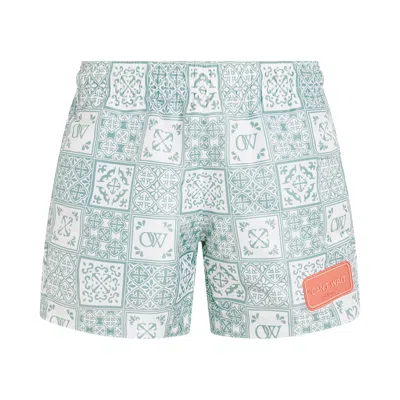 Off-white Geometric-print Drawstring Swim Shorts In Blau