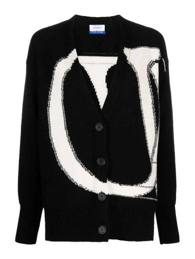 Off-white Maxi Logo-intarsia Wool Cardigan In Black