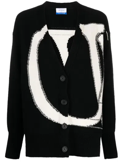 Off-white Maxi Logo-intarsia Wool Cardigan In Black White A