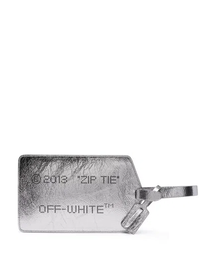 Off-white Medium Zip Tie Laminated Leather Clutch In 실버