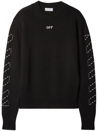 Off-white Beige Cotton Blend Crew-neck Sweater For Men In Black
