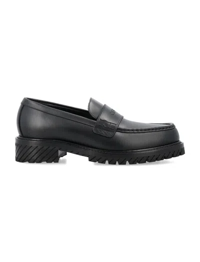 OFF-WHITE MEN'S BLACK LEATHER MILITARY LOAFERS WITH CLASSIC LOGO AND DIAGONAL RUBBER SOLE
