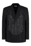 OFF-WHITE MEN'S BLACK WOOL BLEND DOUBLE-BREASTED JACKET WITH LAPEL COLLAR AND PADDED SHOULDERS
