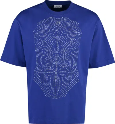 Off-white Crew Neck Body Stitch T-shirt With Front Embroidery In Blue