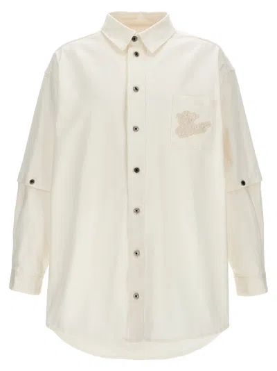 Off-white Denim Overshirt With Button Sleeve Detail In White