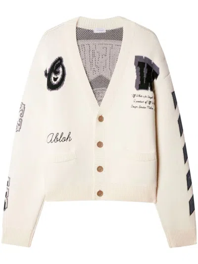 OFF-WHITE MEN'S WHITE WOOL CARDIGAN WITH INTARSIA DETAILS AND EMBROIDERED BACK