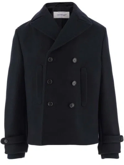 OFF-WHITE MEN'S IVORY WOOL PEACOAT WITH DOUBLE-BREASTED DESIGN BY FASHION BRAND