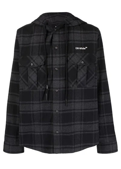 Pre-owned Off-white Men's Off Arrows Check Hooded Shirt Dark In Dark Grey/white