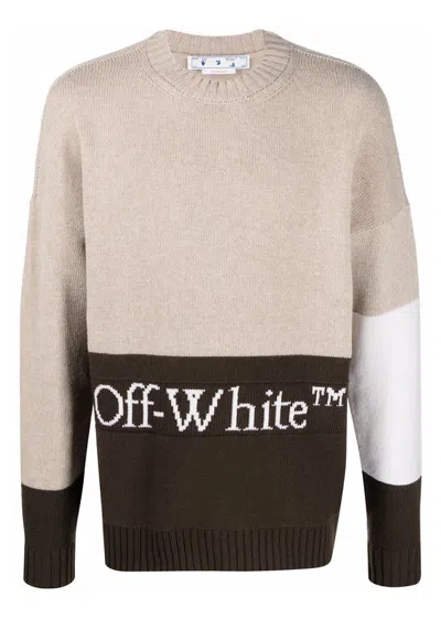 Pre-owned Off-white Men's Off Knitted Block Logo Intarsia Jumper In Beige/brown/white