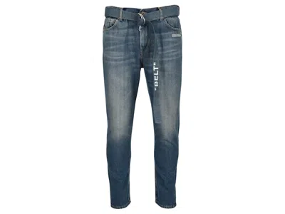 Pre-owned Off-white Men's Off Off Belted Low Crotch Slim Fit Denim Jeansin Medium Blue/white