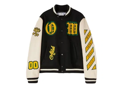 Pre-owned Off-white Men's Off Off Graphics Leather Varsity Jacketgreen In Black/white/yellow
