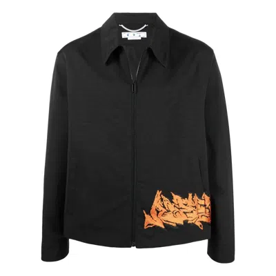 Off-white Men's  Embroidered Pattern Zipper Black Jacket