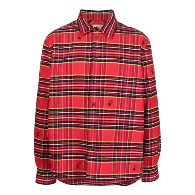 Off-white Men's  Ss22 Plaid Logo Embroidered Lapel Long Sleeves Loose Fit Red Shirt