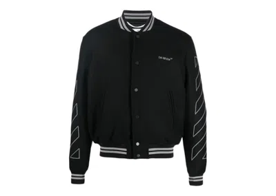Pre-owned Off-white Men's Offwhite Diagonal Outline Logoembroidered Wool Varsity Jacket In Black