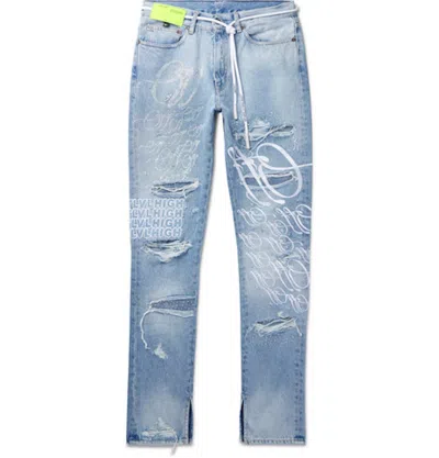 Pre-owned Off-white Men's Offwhite Ev Bravado Crystal Distressed Denim Jeans In Light Blue
