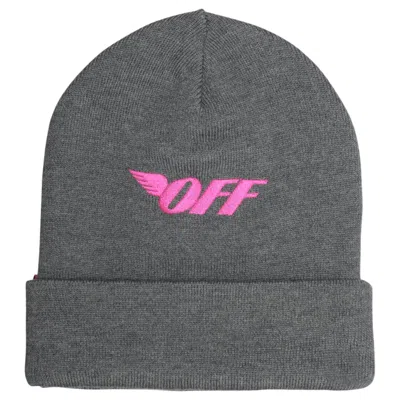 Pre-owned Off-white Men's Offwhite Logo Embroidered Beanie In Medium Grey/fuchsia In Multi