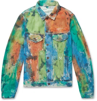 Pre-owned Off-white Men's Offwhite Painted Distressed Denim Trucker Jacket