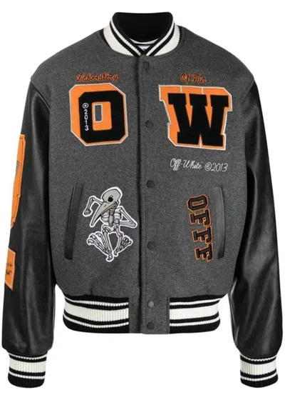 Pre-owned Off-white Men's Offwhite Patch Embellished Varsity Bomber Jacket In Medium Grey Yellow Black