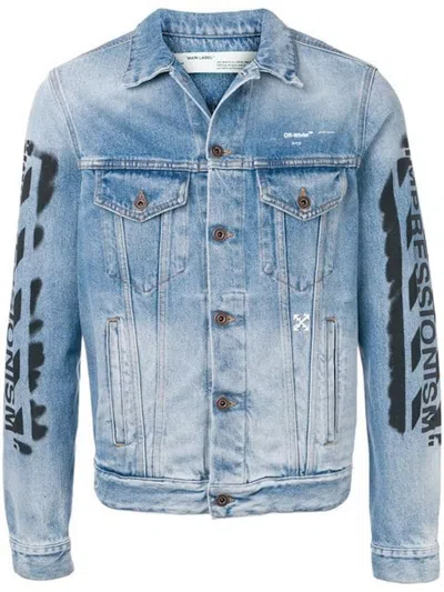 Pre-owned Off-white Men's Offwhite Slim Fit Spray Paint Diag Denim Jacket In Bleached Blue