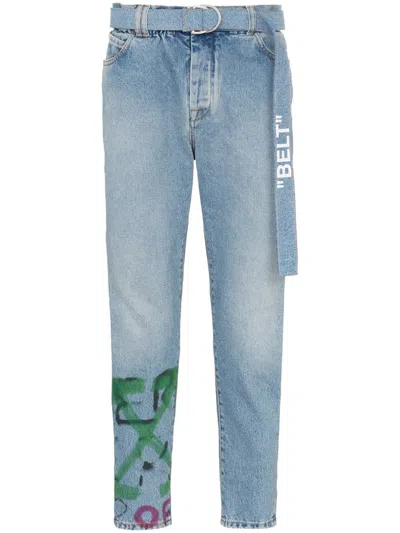 Pre-owned Off-white Men's Offwhite Slim Low Crotch Graffiti Denim Jeans In Bleach