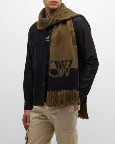 Off-white Men's Ow Logo Wool Knit Scarf In Green
