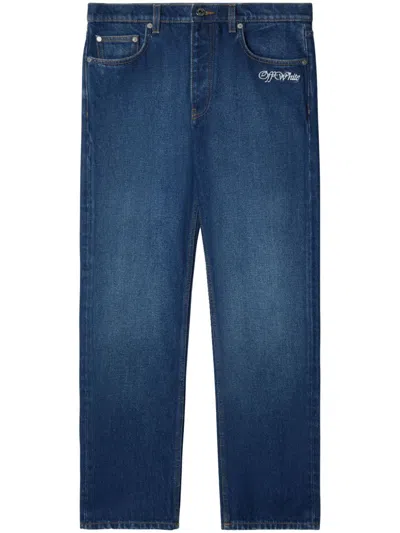 Off-white Off White Men Script Taperered Jeans In Blue