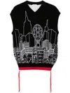 Off-white Relaxed Fit V Neck Sleeveless Knit Jumper With Skyline Graphic In Black