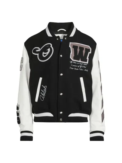 Off-white Men's Wool & Leather Patchwork Varsity Jacket In Black
