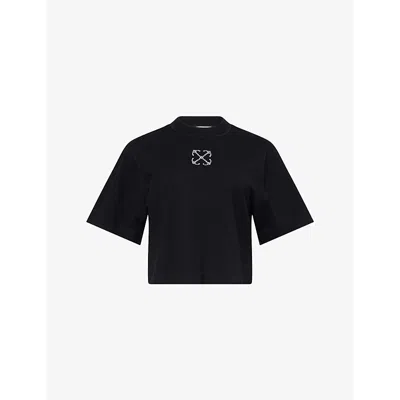 Off-white Mens Black Silver Boxy-fit Embellished-logo Cotton-jersey T-shirt