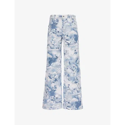 Off-white Mens Serenity Fresco Tapestry Graphic-print Wide-leg Mid-rise Woven-blend Trousers In Blue