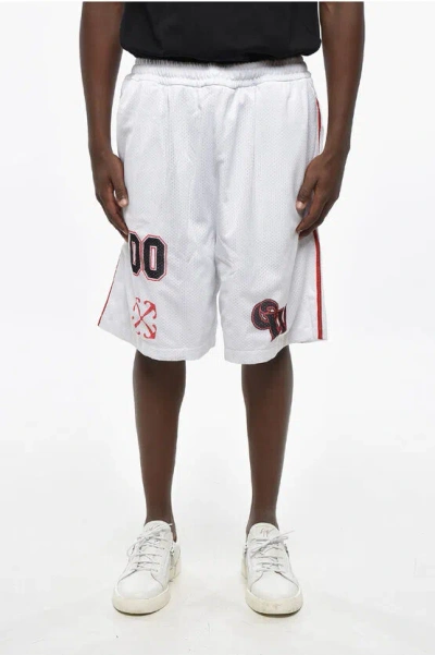 Off-white Mesh Gothic Logo Shorts With Elastic Waistband In White