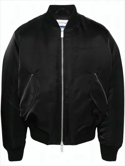 Off-white Minimalist Black Nylon Bomber Jacket With Ribbed Details