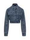 Off-white Cropped Denim Moto Jacket With Front Cutout In Blue