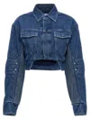 Off-white Cropped Denim Moto Jacket With Front Cutout In Blue